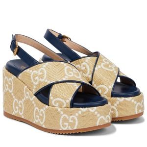 GUCCI GG logo raffia platform wedges sandals